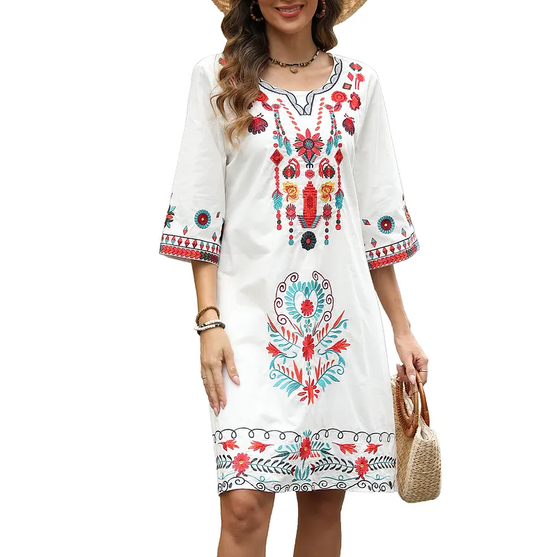 zara midi embroidered dress Floral Embroidered Maxi Folk Dress White / L main image 1