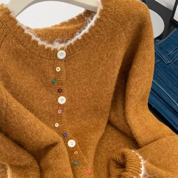 Athvotar Athvotar Retro Wavy Collar Color Button Design Knitted Cardigan Women Loose Soft-Creative Sweater Jacket Autumn