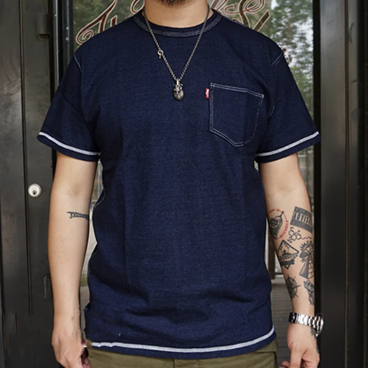 Vintage Blue Dyed Heavy Cotton Pocket Short-Sleeved T-Shirt