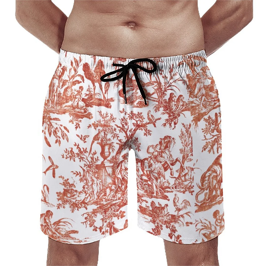 Antique French Four Parts Of The World Men's Swim Trunks Summer Board Shorts Quick Dry Beach Short with Pockets