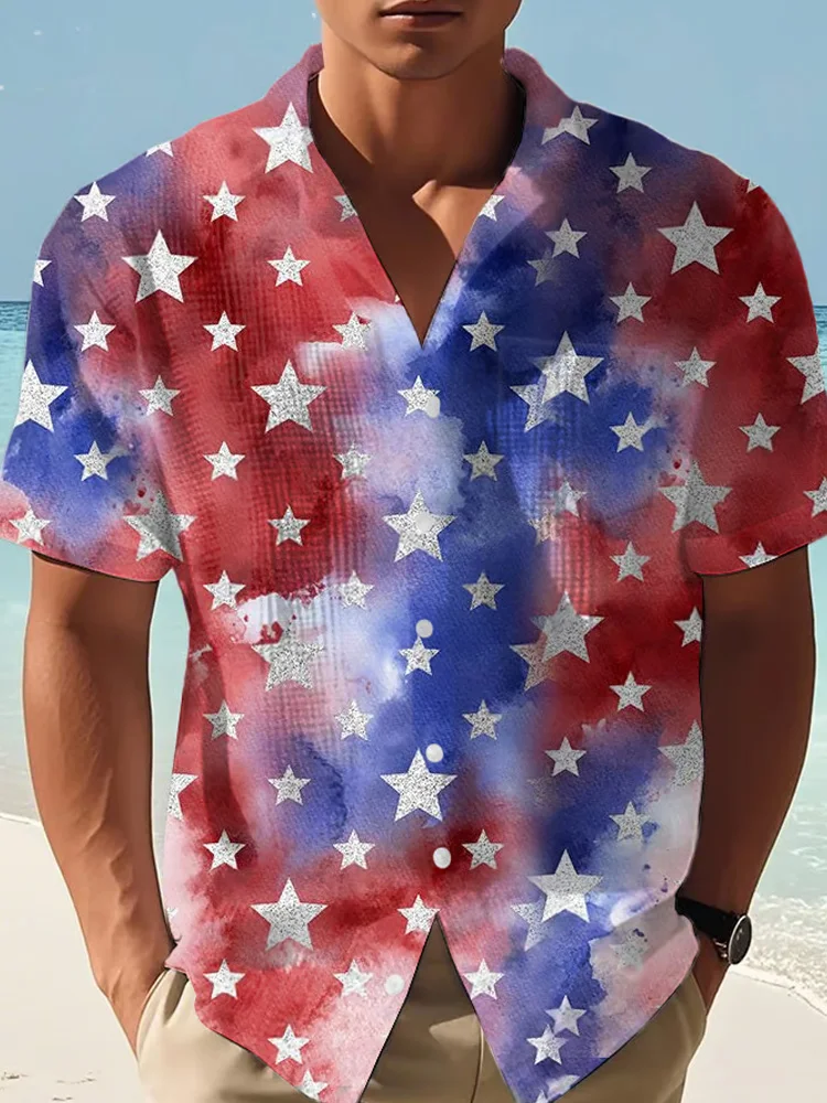Men's Casual Independence Day Fireworks Waffle Short Sleeve Shirt