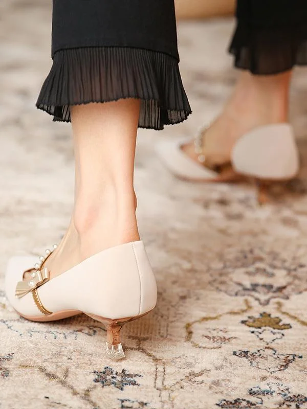 Pearl word with female pointed toe elegant bow side high heels