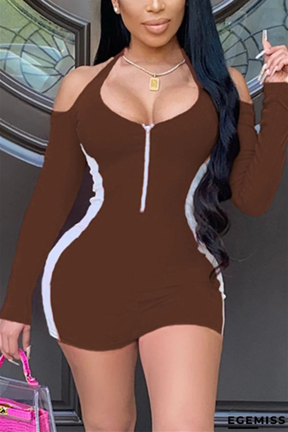 Coffee Fashion Sexy Cold Shoulder Long Sleeve O Neck Pencil Skirt Mini Patchwork Dresses | EGEMISS