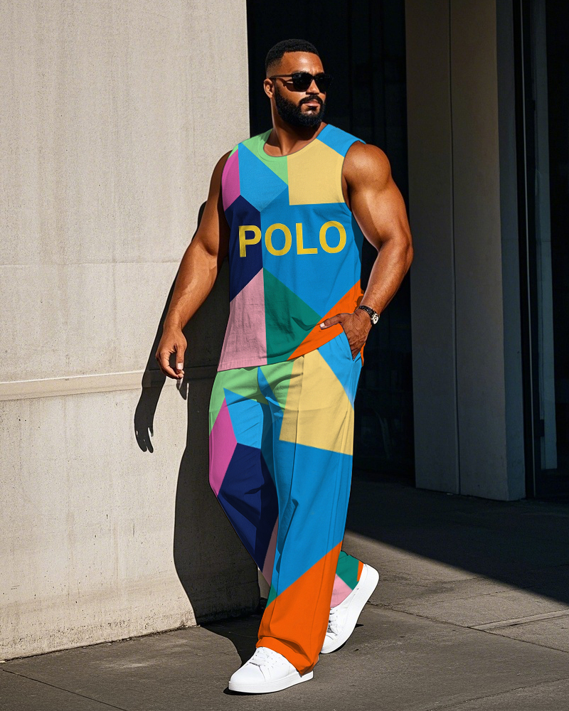 Big Men's Letter POLO Tangram Inspired Color Block Printed Outdoor Sporty Vest and Pants Set