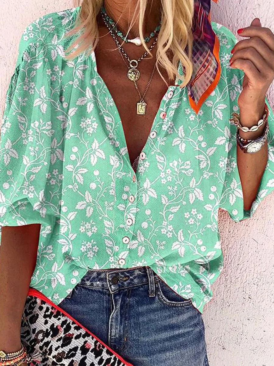 Printed Long Sleeve stand collar button shirt