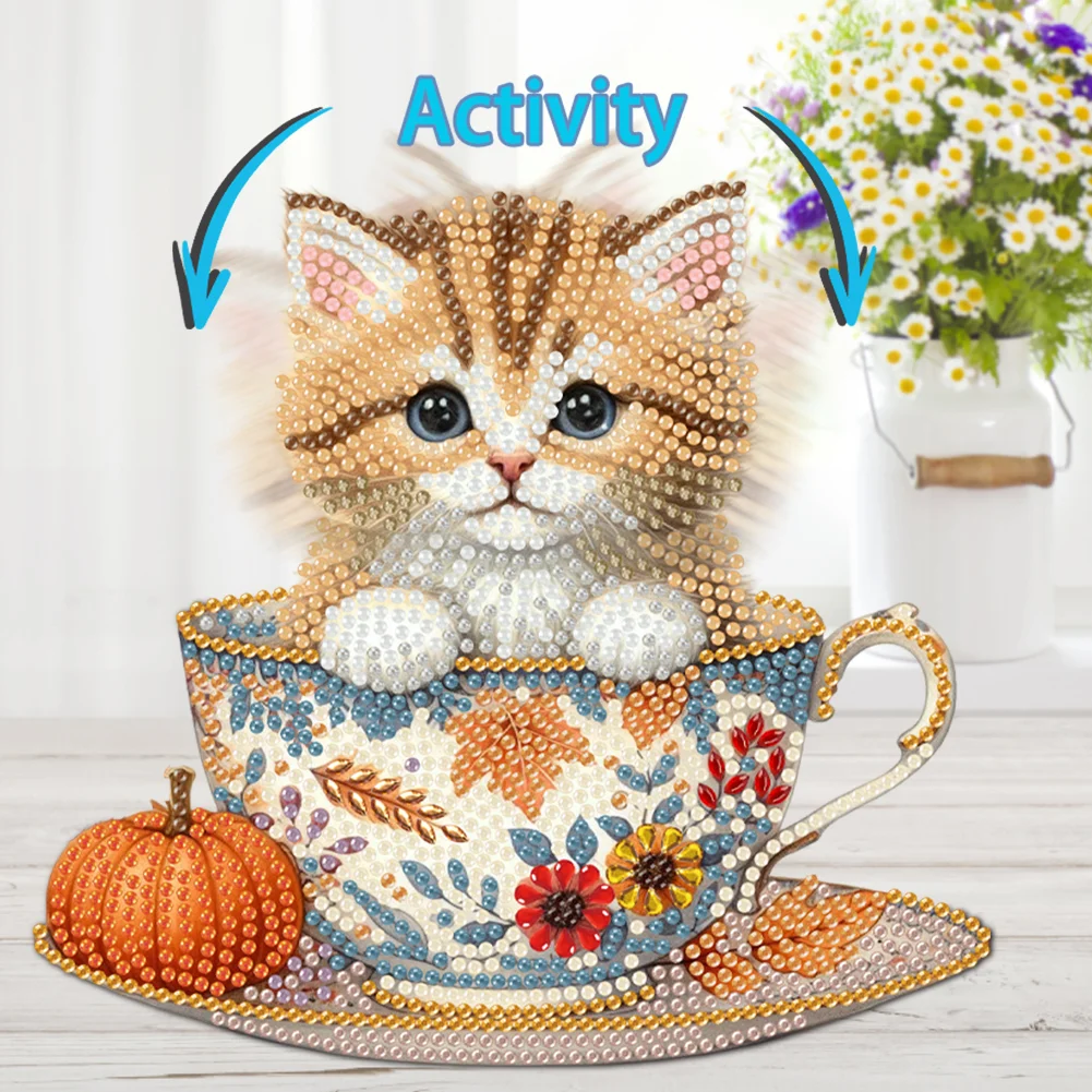 2D Flat Cat DIY Shaking Head Teacup Cat Diamond Painting Desktop Decorations