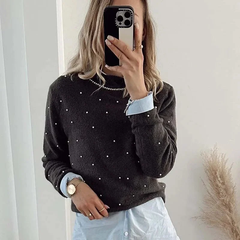 Tlbang New Women Fashion Faux Pearl Appliques Knit Sweater Long Sleeve High Collar Female Pullover Tops