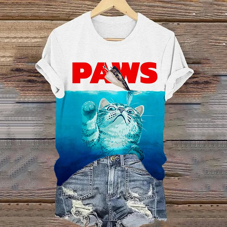 Women's Cute Sharkcat Paws Poster Art T-Shirt