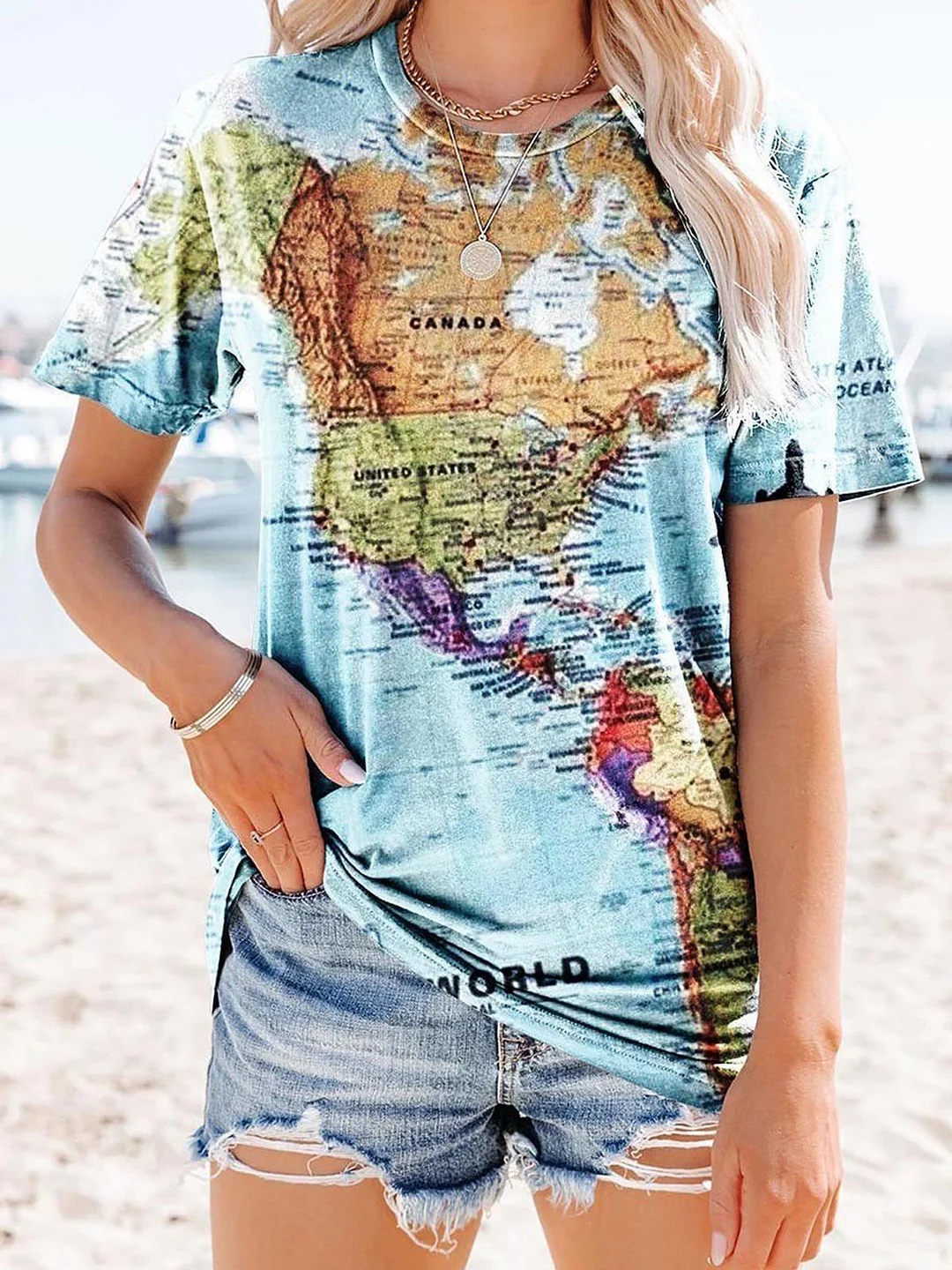 Cotton-Blend Casual Crew Neck Printed Shirts & Tops