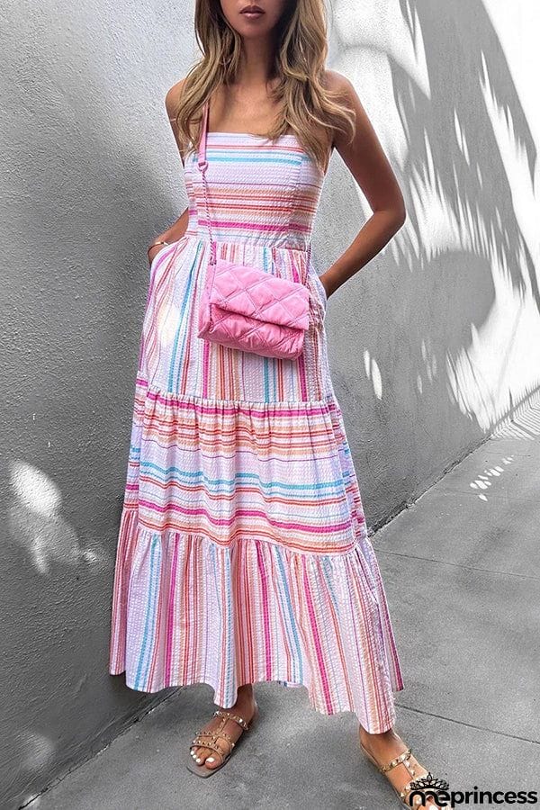 Next Big Move Rainbow Stripe Pocketed Cami Midi Dress