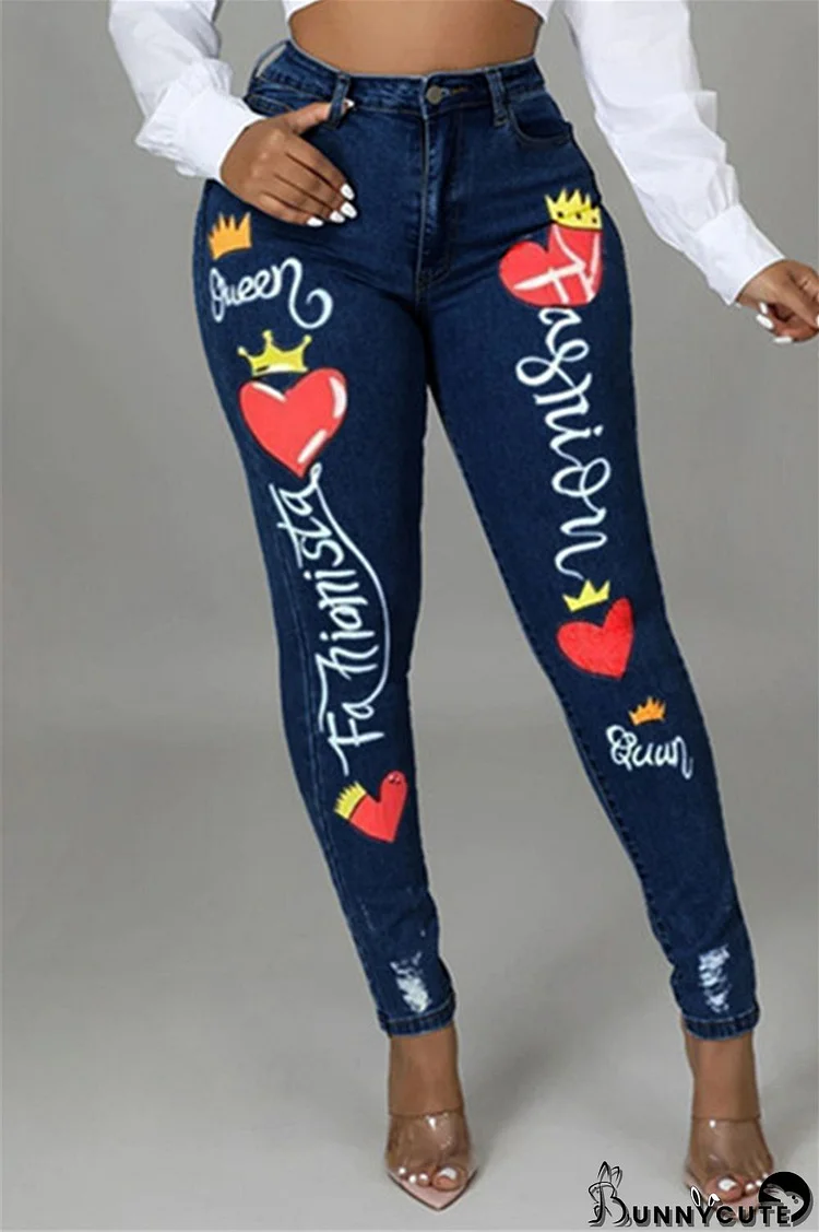 Deep Blue Fashion Casual Print Patchwork Mid Waist Skinny Denim Jeans