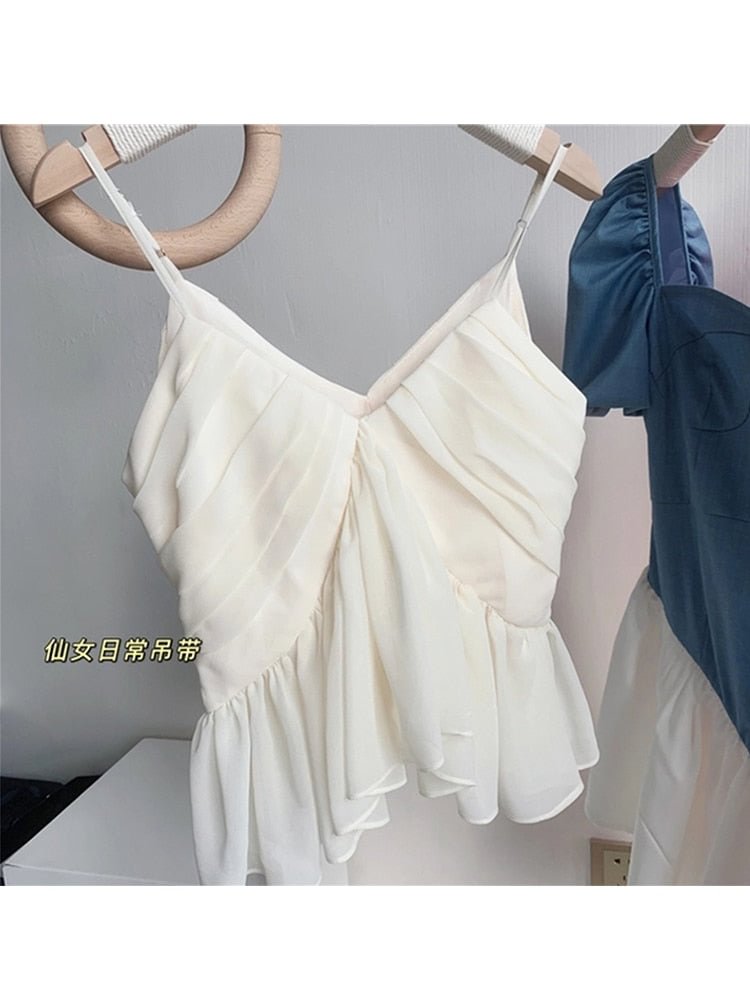 Korean Sexy Sweet Suspender Tops For Women Summer Chic New Irregular Ruffle Pleated Design V-Neck Solid Color Ladies Cropped Top