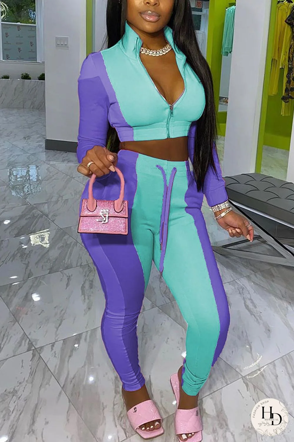 Baby Blue Fashion Casual Solid Patchwork Zipper Collar Long Sleeve Two Pieces