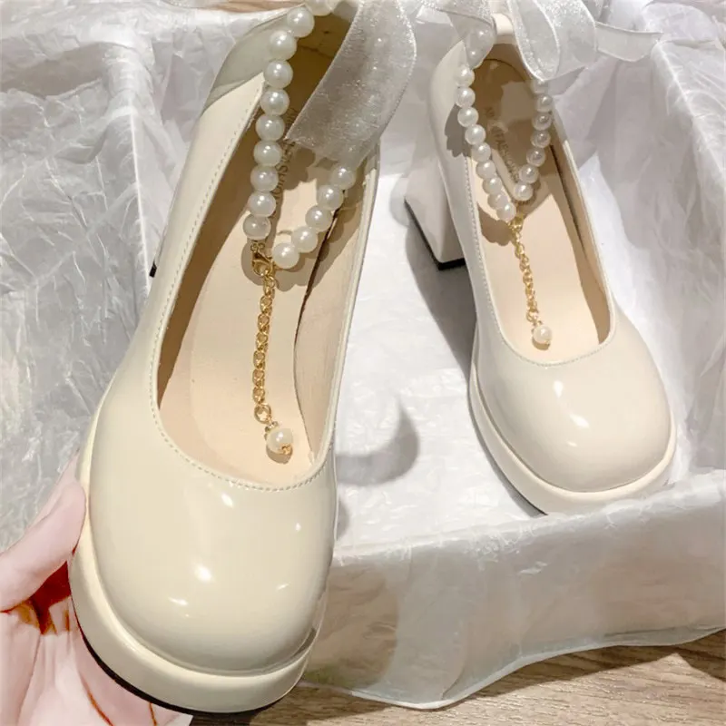 Breakj Breakj Heels Women's Coarse Heel 2025 New Spring Pearl Bow Gentle Fairy Style French Mary Jane Single Shoes