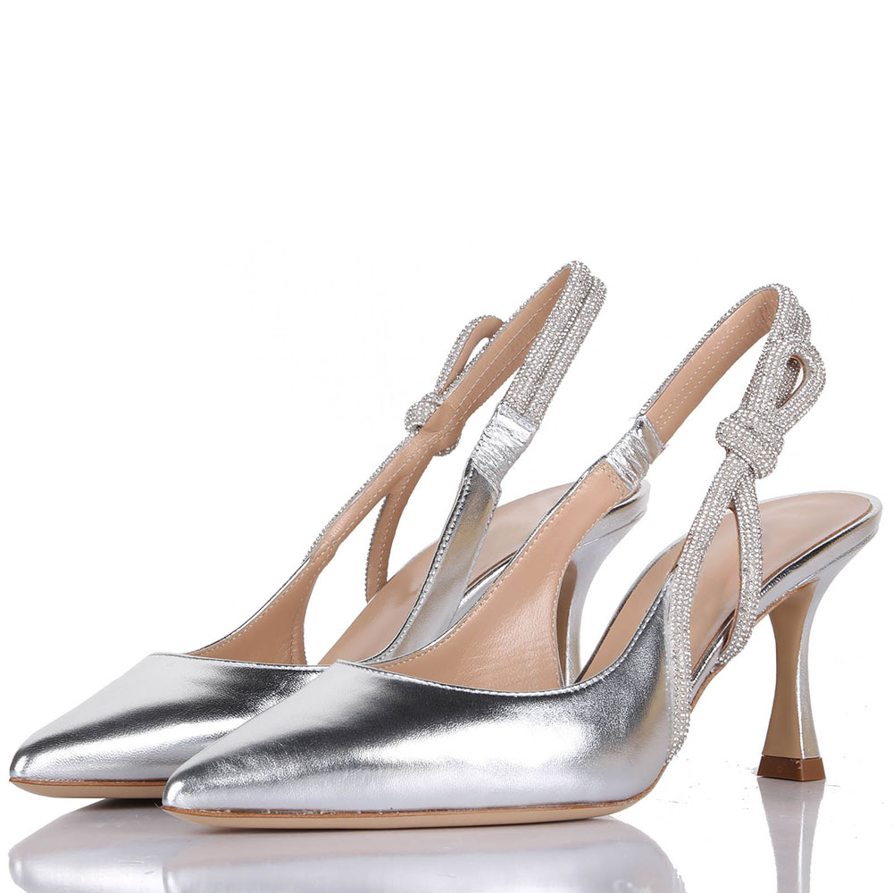 Silver Metallic Pointed Toe 3‘’ Kitten Heel Rhinestone Slingback Pumps Nicepairs