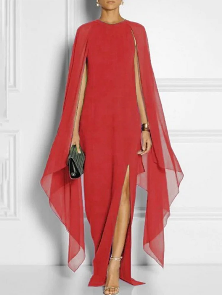 Red Elegant Thigh Split Hem Cloak Sleeve Maxi Dress