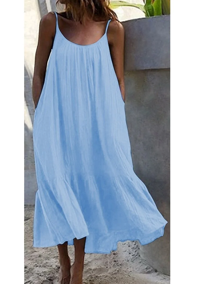 Women Half Sleeve V-neck Solid Color Dress