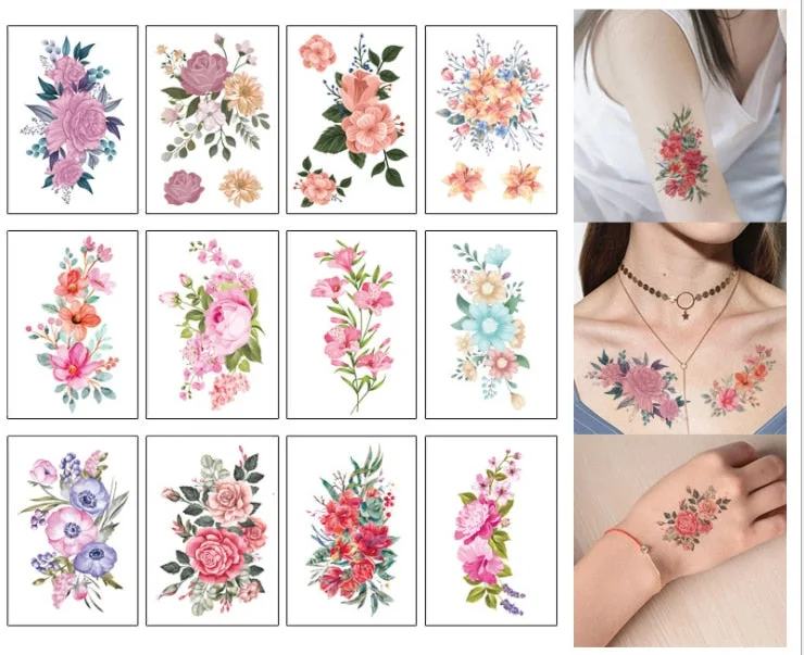 12 Sheets Colorful Flower Temporary Tattoo Stickers for Women Men Arm Body Art Waterproof Fake Tattos Arm Body Wrist Tatoos