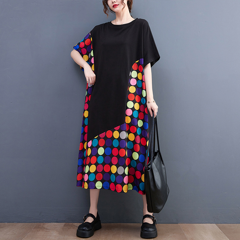 Loose Polka Dot Print Crew Neck Midi Dress