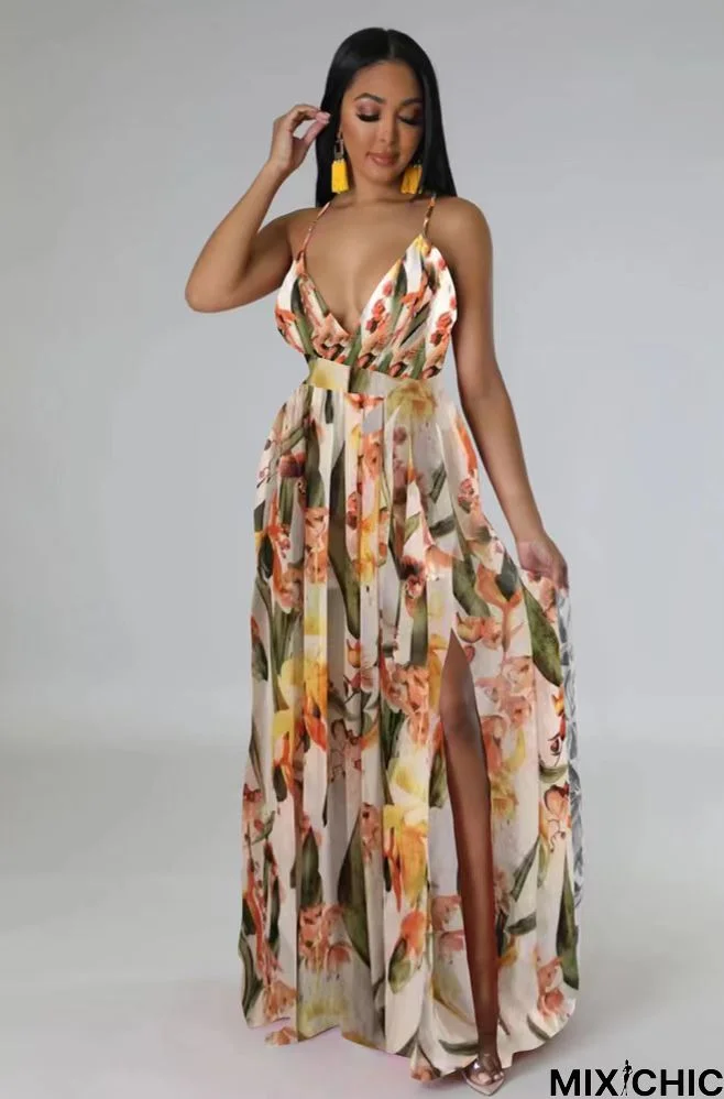 Floral V Neck Flowy Split Maxi Dress