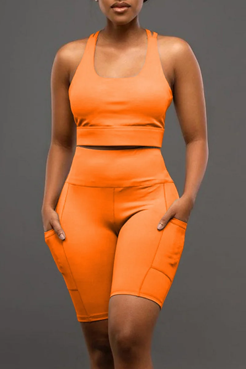 Orange Sexy Casual Sportswear Solid Backless U Neck Sleeveless Two Pieces