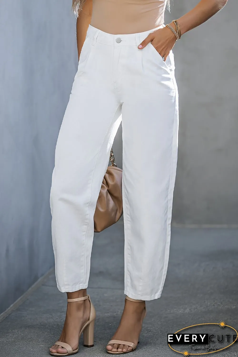White Solid High Waist Casual Pants