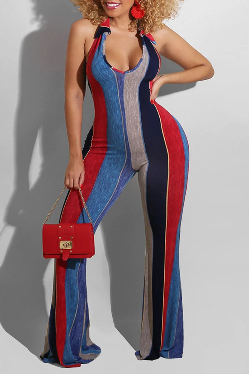 Sexy Striped Print Bandage Split Joint Backless Halter Boot Cut Jumpsuits