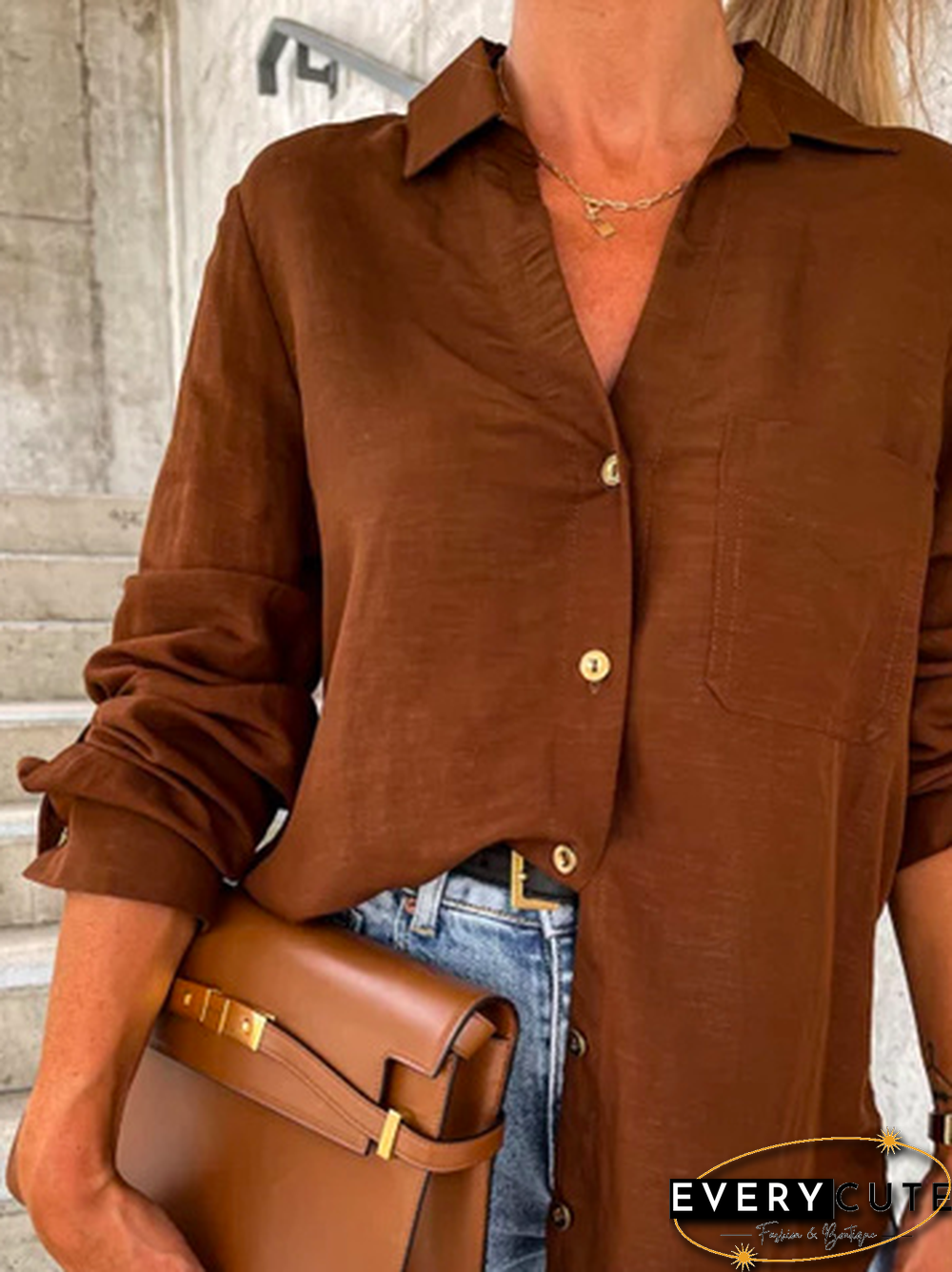 Women Casual Plain Autumn Polyester Micro-Elasticity Daily Loose Regular Shirt Collar Blouse