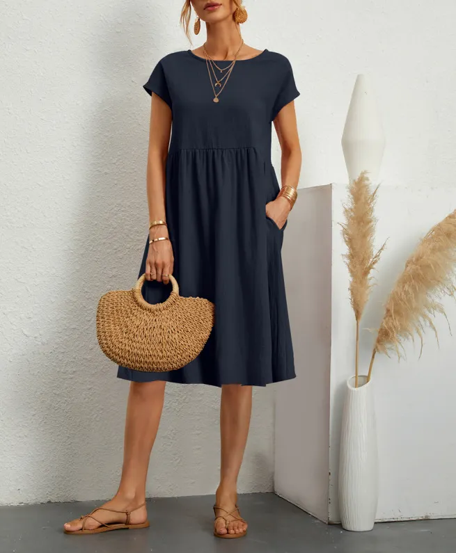 Women Cap Sleeve Pocket Midi Dress Round Neck Loose Casual Cotton Linen Summer Vacation Dress
