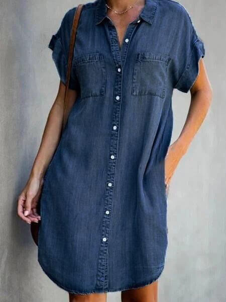 Casual Pocket Irregular Hem Loose Solid Denim Lapel  Mini Dress