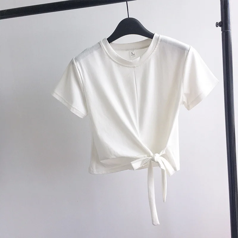 Uveng Uveng Solid Color T-Shirt Female 2024 Summer Wear Korean Version Of The Strap Careful Machine Exposed Umbilical Students Short Sleeve Shirt Repair Body