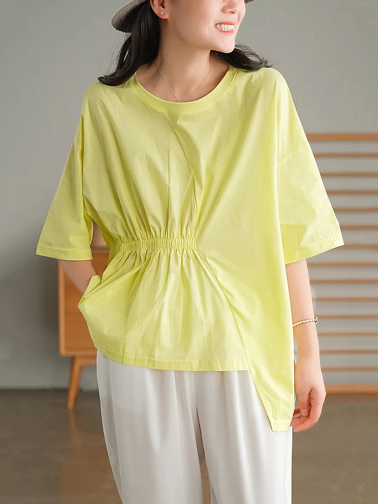 Women Casual Solid Irregular Tension Waist Cotton Shirt