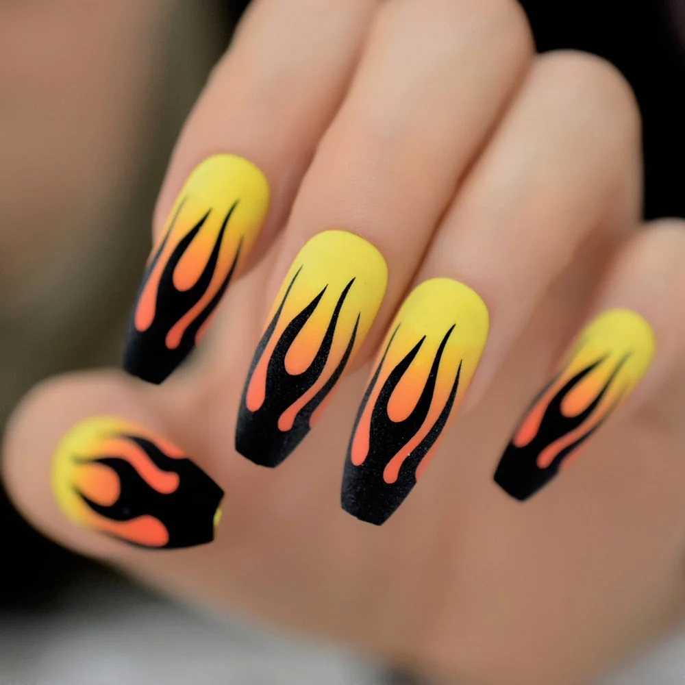Fire Nails Matte Black Yellow Press on False Nails Extra Long Coffin Ballerina Frosted Glue On Fingersnails Free Adhesive Tapes