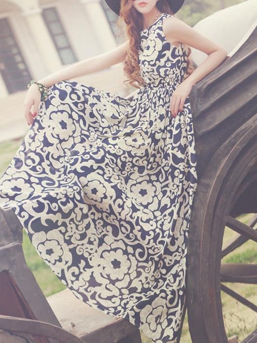 Chiffon Floral-Printed Sleeveless Round Neck Maxi Dress