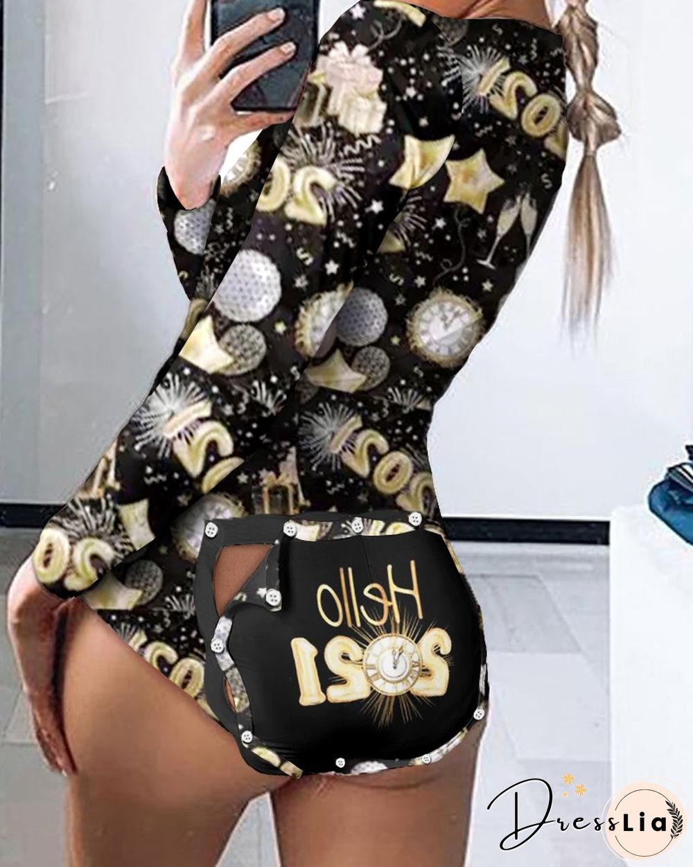 Christmas Print Long Sleeve Functional Buttoned Flap Romper