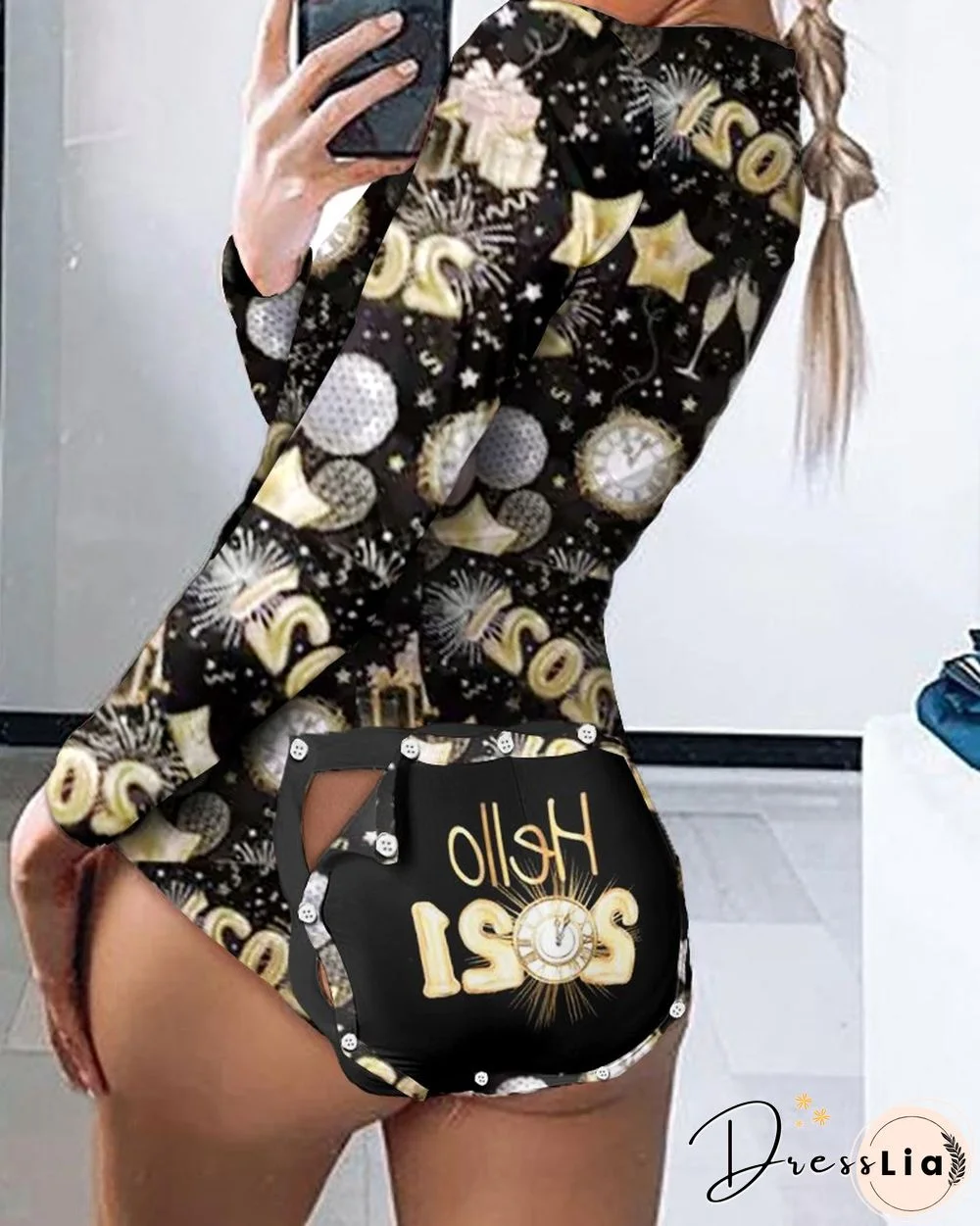 Christmas Print Long Sleeve Functional Buttoned Flap Romper