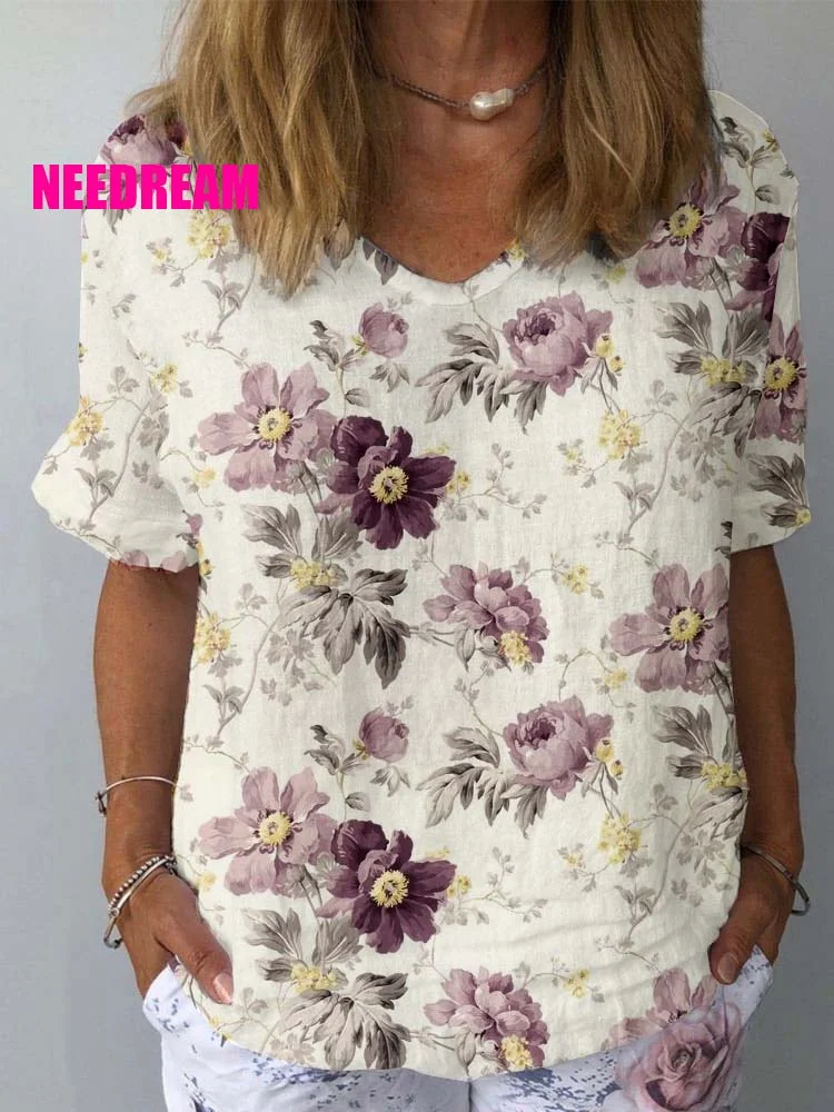 Womens Retro Rose Floral Pattern Print Cotton And Linen Top