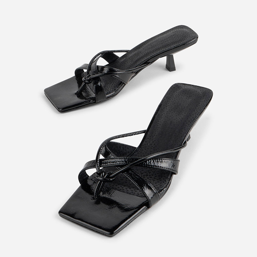Simple Black Open Square Toe Crisscross Strap Mule Kitten Heels Nicepairs