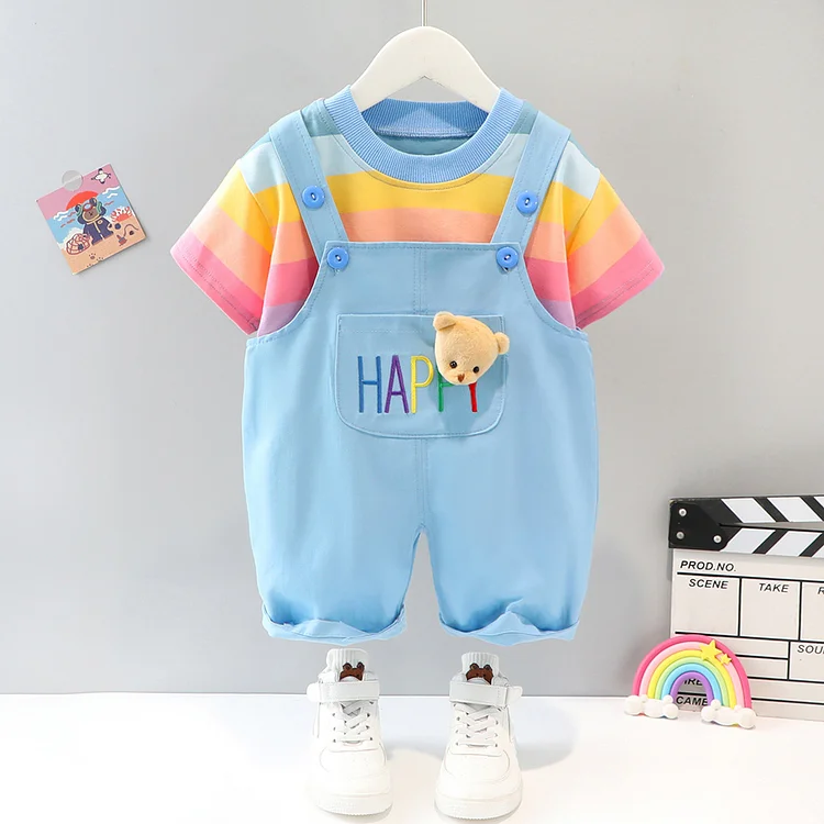 2pcs Baby Boy/Girl Colorful Stripe T-shirt & Bear Letter Ovreralls Set