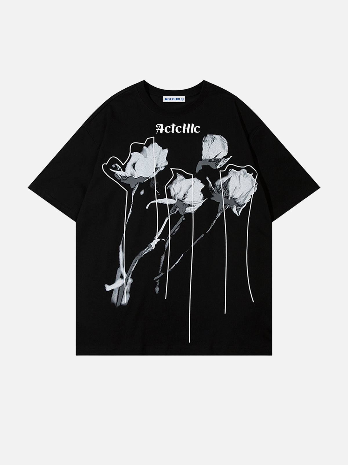 Black Act Chic Floral Graphic Print Short Sleeve Tee Front