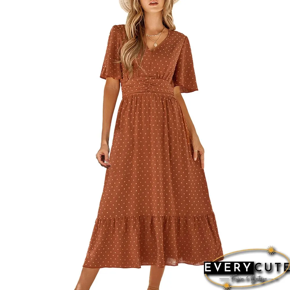 Rust Red Swiss Dot V Neck Casual Dress