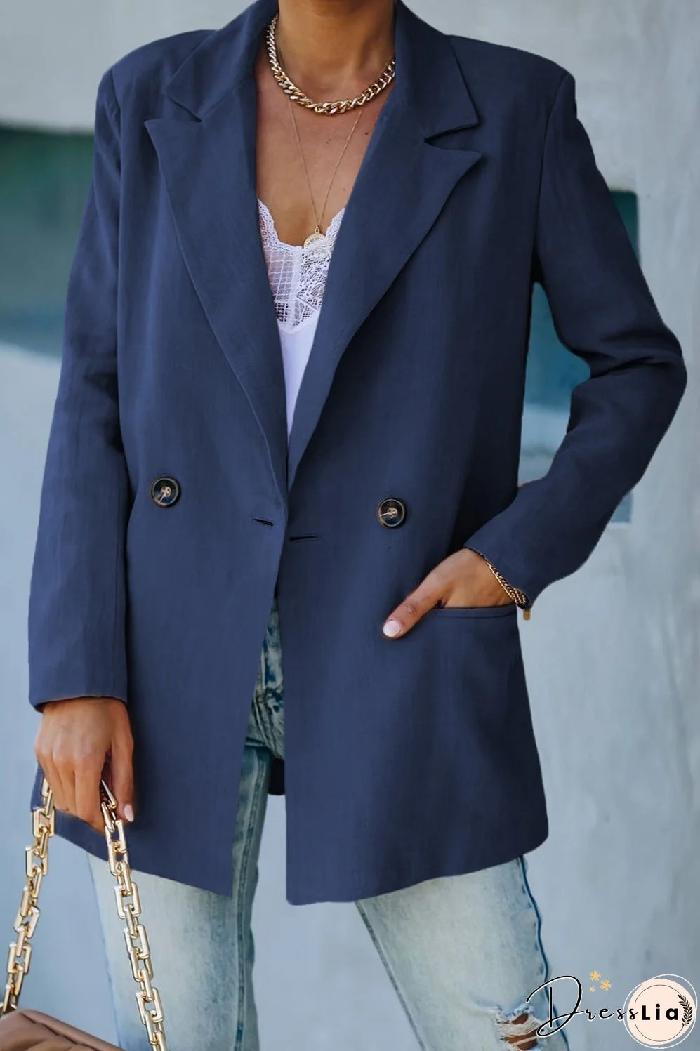 Double-Breasted Padded Shoulder Blazer with Pockets