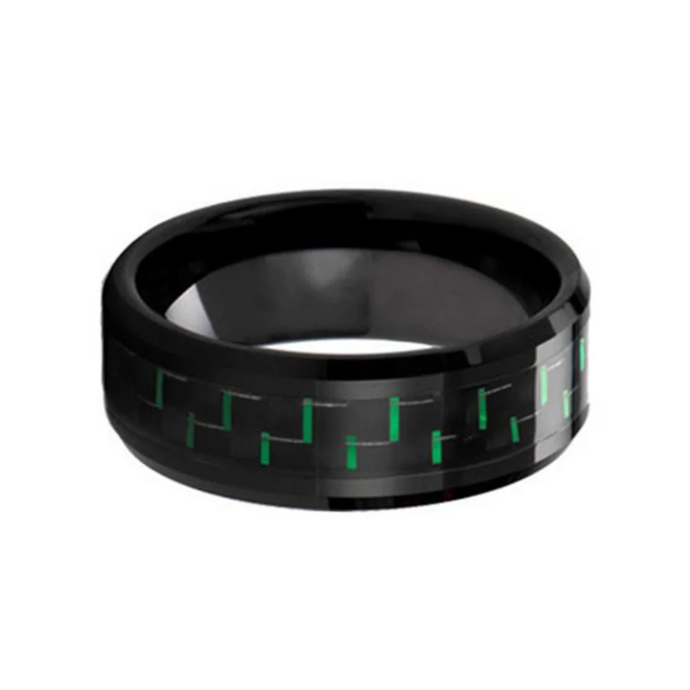 Black 8MM Tungsten Carbide Ring Green Carbon Fiber Inlay Polished Beveled Edge For Men