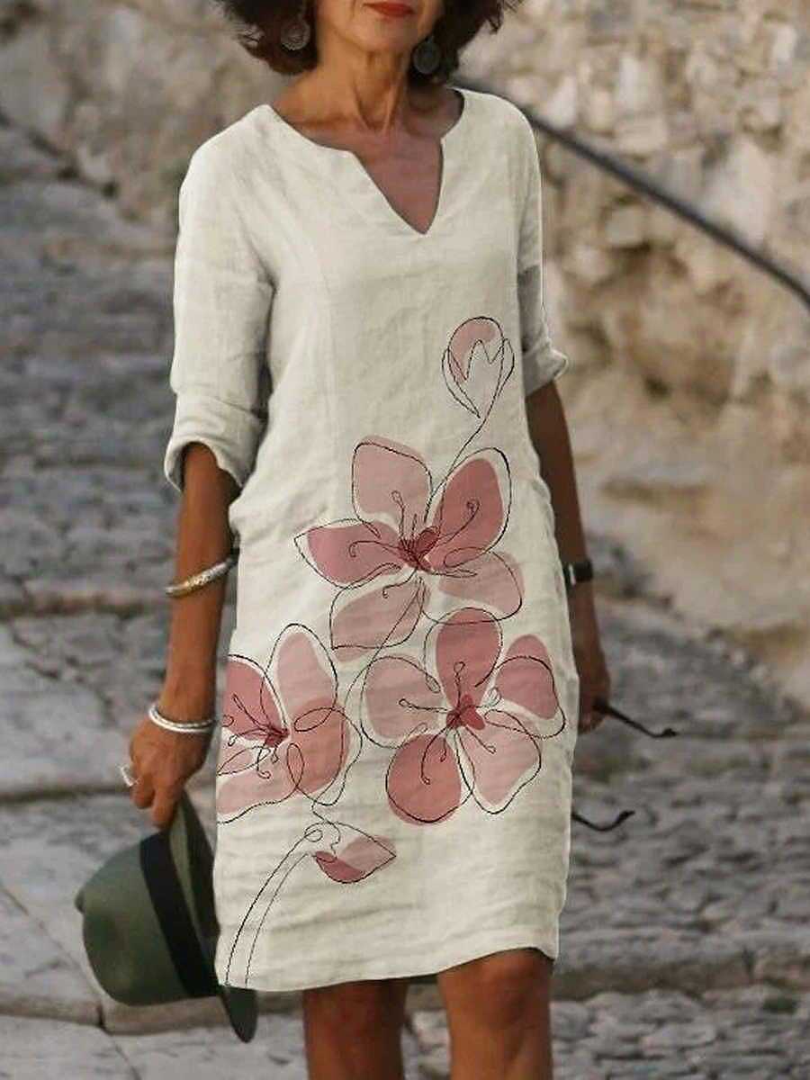 V-neck Line Print Loose Short Sleeve Shift Dress