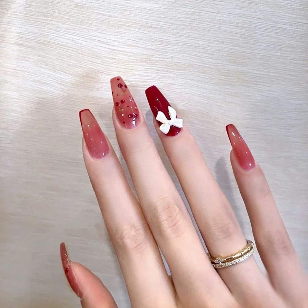 24Pcs/Box Detachable Almond Pink And White False Nails Wavy Style Stiletto Fake Nails Ballerina Coffin Full Cover Manicure Tool 406-Nail Inspo