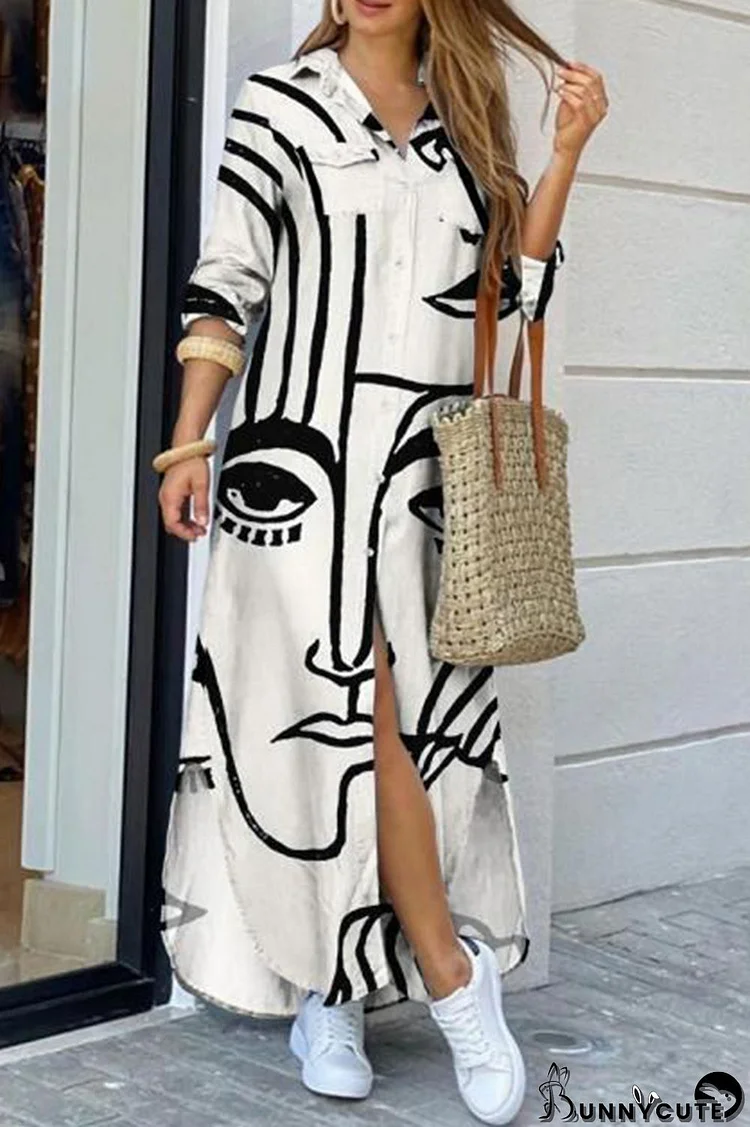 White Fashion Casual Print Slit Turndown Collar Shirt Dress