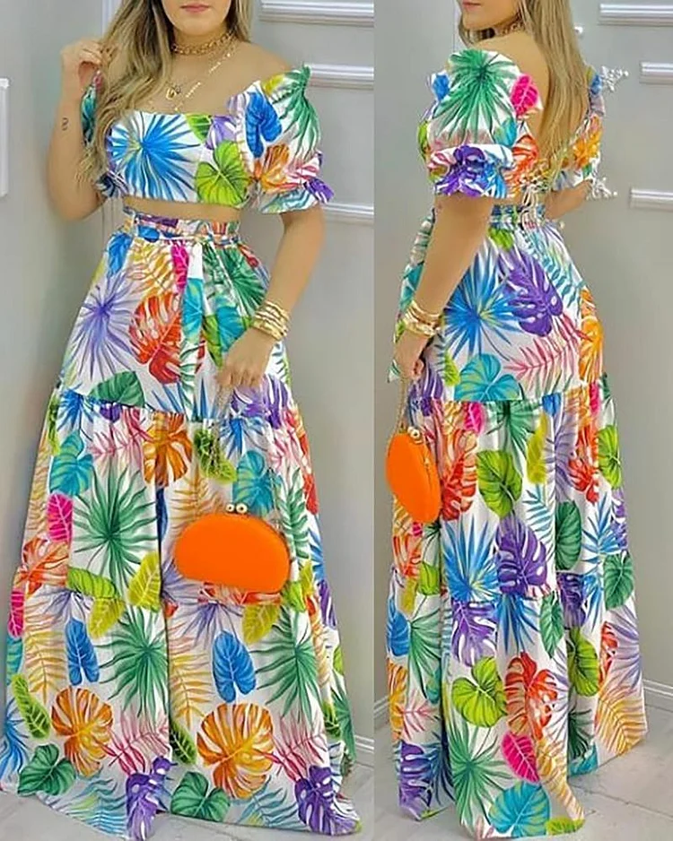 Tropical Print Off Shoulder Maxi Top & Skirt Set P6503033728