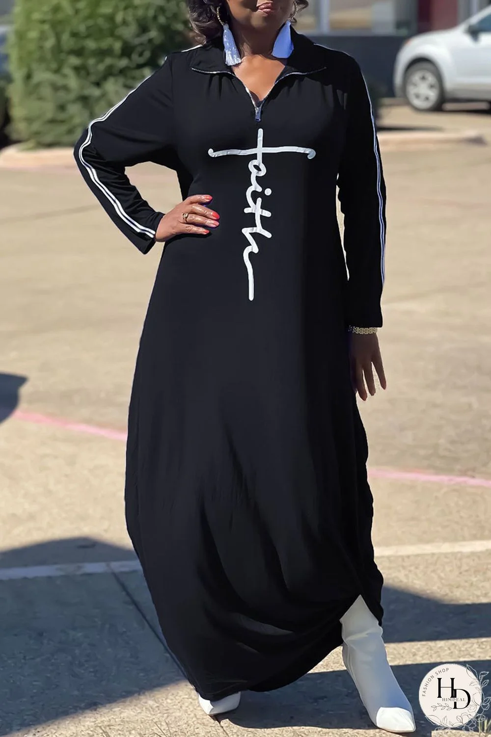 Red Casual Print Split Joint Zipper Turndown Collar Straight Dresses