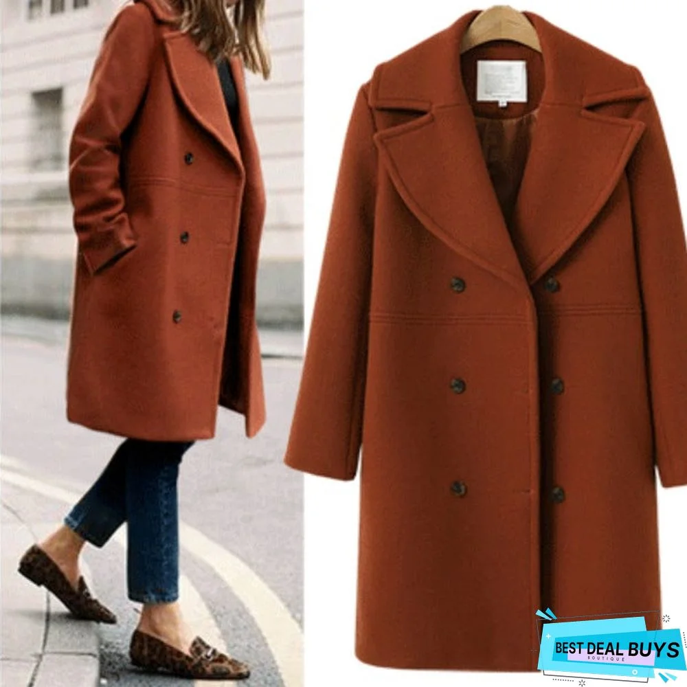 Wool Coat Women's Double Breasted Long Windbreaker Woolen Coat