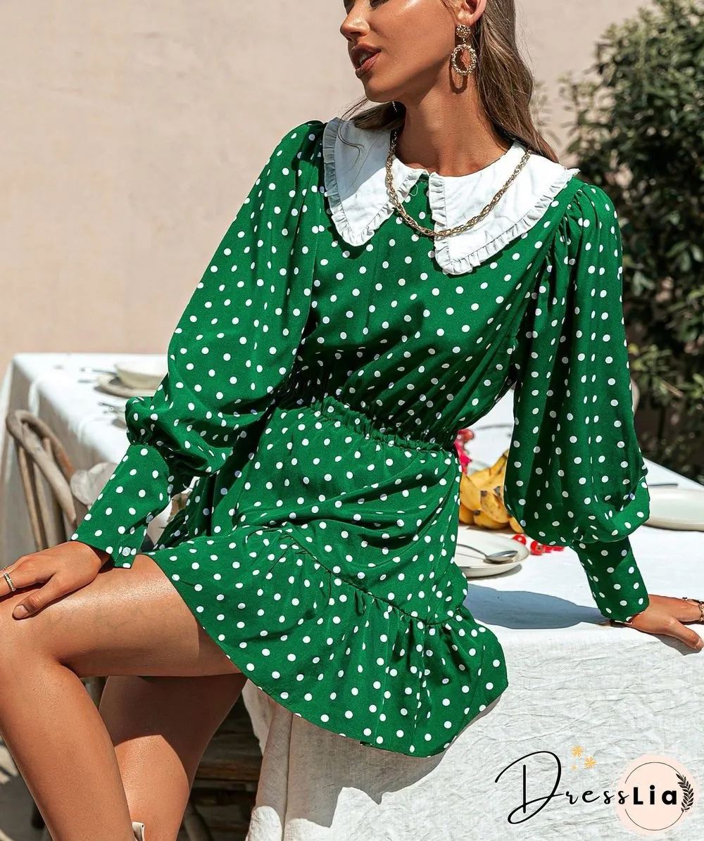 Polka Dot Puff Sleeves Ruffle Holiday Mini Dress Women Vintage Elastic Waist Vestidos